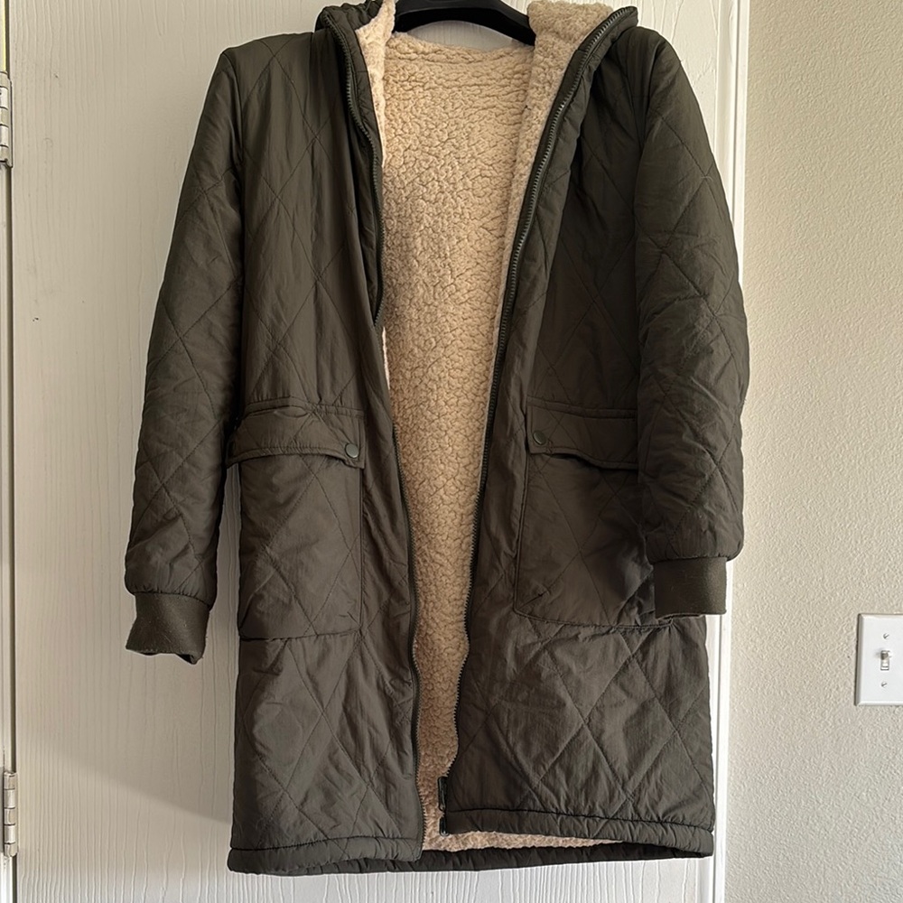 Quilted Olive Green Hooded Coat Sherpa Lining - Reversible